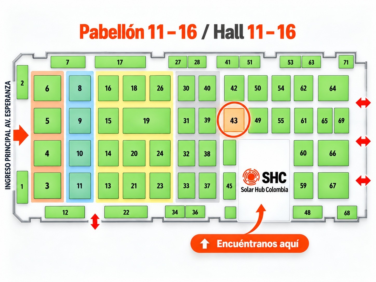 Mapa del pabellón 11-16 con ubicación del Stand 43 de Solar Hub Colombia